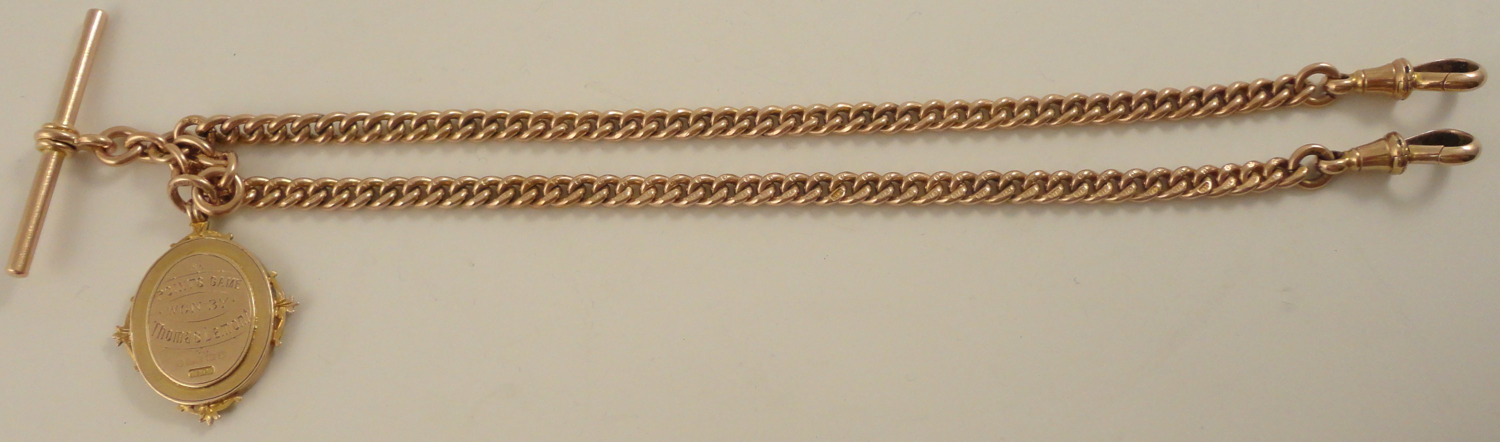 Antique 9ct rose gold double albert watch guard chain with fob medal 46